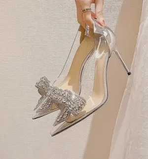 Thin women's high heels, small pointed toe, women's single shoes, deep-mouthed single shoes, transparent glass glue, diamond buckle