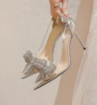 Thin women's high heels, small pointed toe, women's single shoes, deep-mouthed single shoes, transparent glass glue, diamond buckle